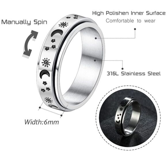 316L Stainless Silver Sun Moon & Stars Fidget Anxiety Stress Relieving Spin Ring - Picture 4 of 4